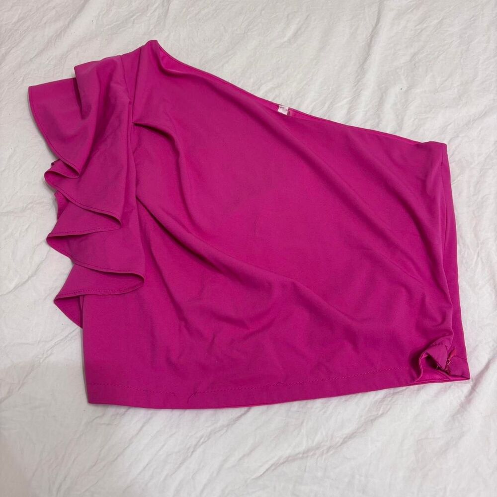 GLAM One Shoulder Ruffle Hot Pink Women's Chich Work Formal Blouse Crop-top